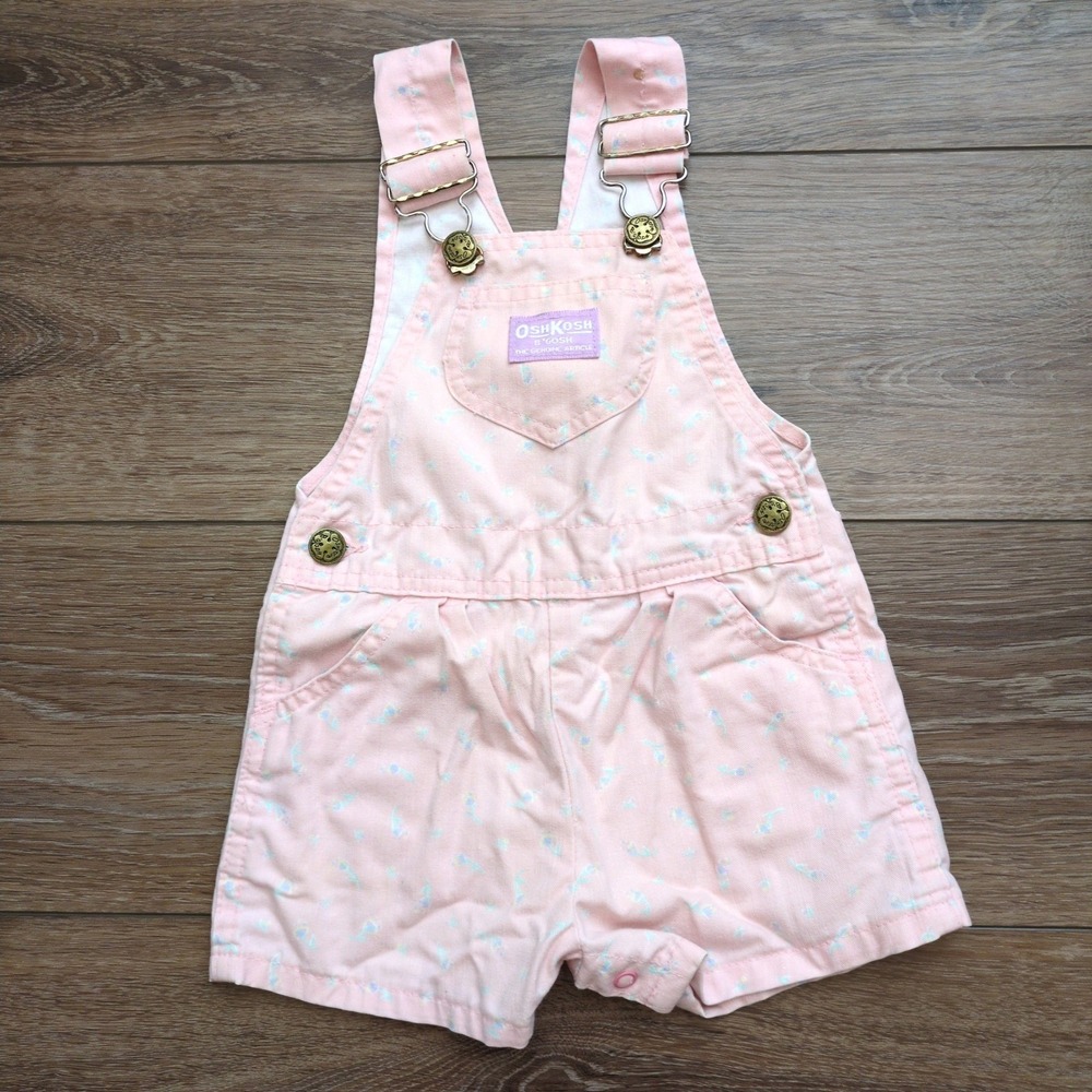 Vtg 80s OshKosh B'gosh Pink Floral Shortalls Vestbak Overalls Short USA Made 24M - Picture 2 of 11